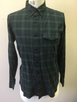 ABERCROMBIE & FITCH, Navy Blue, Dk Green, Baby Blue, Cotton, Elastane, Plaid, Long Sleeve Button Front, Collar Attached, Button Down Collar, 1 Patch Pocket with Button Flap Closure