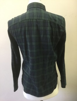 ABERCROMBIE & FITCH, Navy Blue, Dk Green, Baby Blue, Cotton, Elastane, Plaid, Long Sleeve Button Front, Collar Attached, Button Down Collar, 1 Patch Pocket with Button Flap Closure