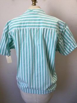 CALVIN KLEIN SPORT, Turquoise Blue, White, Cotton, Stripes - Vertical , Short Sleeves, Button Front, Collar Attached, 1 Pocket,