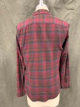 BONOBOS, Magenta Purple, Black, Red, Blue, Cotton, Tencel, Plaid, Button Front, Collar Attached, Long Sleeves, 1 Pocket, Button Cuff, Button Down Collar
