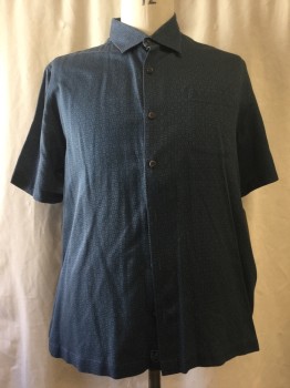 NAT NAST, Teal Blue, Black, Gray, Silk, Cotton, Geometric, Button Front, Collar Attached, Short Sleeves, 1 Pocket,