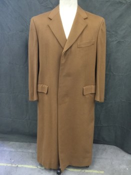 Mens, Coat, Overcoat, SULKA, Tobacco Brown, Cashmere, Solid, 44, Single Breasted, Hidden Placket, Collar Attached, Notched Lapel, Hand Picked Collar/Lapel, 3 Pockets, Long Sleeves