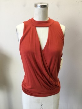 Womens, Top, BEBE, Rust Orange, Modal, Spandex, Solid, S, Sleeveless, Pull Over, V-neck, with Collar Band, Keyhole Back, Surplice Wrap Front