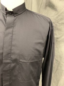 Unisex, Shirt, CHURCH WEAR, Black, Poly/Cotton, Solid, 34/35, 15.5, Button Front with Hidden Placket, Long Sleeves, Collar Attached Tacked Down, 1 Pocket, Priest, Clergy