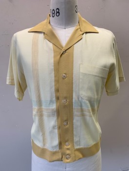 PURITAN, Lt Yellow, Mustard Yellow, Lt Blue, Cotton, Solid, Stripes, Short Sleeves, Button Front, Mustard Accents on Collar, Placket and Waistband, Mustard & Light Blue Thin Stripes at Waist, 1 Pocket, Shirt Jacket Style, 1950's **Stain in Front Near Hem