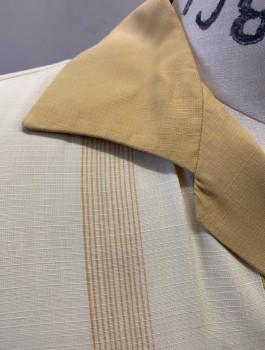 PURITAN, Lt Yellow, Mustard Yellow, Lt Blue, Cotton, Solid, Stripes, Short Sleeves, Button Front, Mustard Accents on Collar, Placket and Waistband, Mustard & Light Blue Thin Stripes at Waist, 1 Pocket, Shirt Jacket Style, 1950's **Stain in Front Near Hem