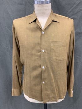 Mens, Shirt, IMPERIAL, Goldenrod Yellow, Silk, Heathered, M, Self Clover Medallions, Button Front, Collar Attached, 1 Pocket, Long Sleeves, Button Cuff, *Slight Shoulder Burn, 1 Spot on Front*