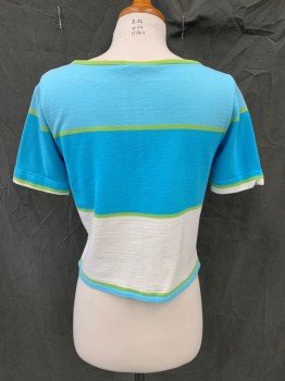 Womens, 1960s Vintage, Piece 1, CAROL BRENT, Powder Blue, Lt Blue, Lime Green, White, Cotton, Color Blocking, B 34, Top, Pique Knit, Lime Green Scoop Neck, Short Sleeves,