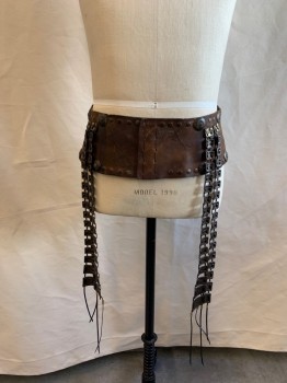 Unisex, Sci-Fi/Fantasy Belt, MTO, Brown, Bronze Metallic, Copper Metallic, Leather, Faded, Solid, W32, Ties at Back of Waist, Metal Flat Studs and Round Floral Medallions, *Aged/Distressed* 4 Strands of Leather Squares with Black Leather Ends with Gold Beads on Ends