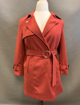 Womens, Coat, Trenchcoat, PRIMARK, Brick Red, Polyester, Solid, 8, Double Breasted, Single Snap Front Closure, MATCHING BELTS at Waist and Cuffs, 2 Diagonal Welt Pocket, 1/2 Capelet Right Front