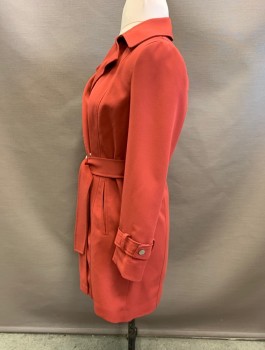Womens, Coat, Trenchcoat, PRIMARK, Brick Red, Polyester, Solid, 8, Double Breasted, Single Snap Front Closure, MATCHING BELTS at Waist and Cuffs, 2 Diagonal Welt Pocket, 1/2 Capelet Right Front
