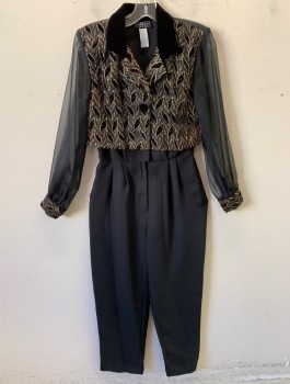 Womens, Jumpsuit, JSJ PETITES, Black, Gold, Polyester, Acetate, Solid, Leaves/Vines , W:27, B:36, Metallic Burnout Velvet Bodice, Sheer Long Sleeves, Velvet on Notched Lapel, Padded Shoulders, Bottom is Solid Crepe, Fitted Waist with Double Pleats, Tapered Relaxed Legs,