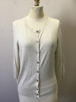 Womens, Cardigan Sweater, HALOGEN, Oatmeal Brown, Viscose, Nylon, Heathered, Solid, M, Lightweight Knit, 3/4 Sleeves, Scoop Neck, 8 Buttons, Fitted