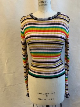 Womens, Top, TOPSHOP, Green, Chartreuse Green, Red, Lt Pink, Black, Viscose, Acrylic, Stripes - Horizontal , 6, Ribbed Knit, Scoop Neck, Long Sleeves, Ruffle Cuff