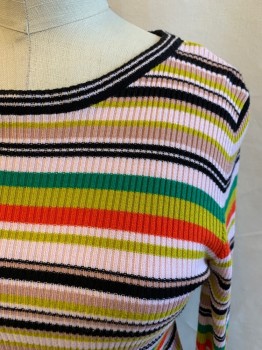 Womens, Top, TOPSHOP, Green, Chartreuse Green, Red, Lt Pink, Black, Viscose, Acrylic, Stripes - Horizontal , 6, Ribbed Knit, Scoop Neck, Long Sleeves, Ruffle Cuff