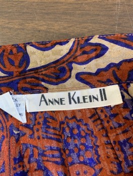 ANNE KLEIN II, Beige, Rust Orange, Indigo Blue, Silk, Floral, 1" Wide Self Waistband, Pleated Waist, Hem Mid-calf, Invisible Zipper in Back, 2 Side Seam Pockets, Elastic Added at Back Waist Tab