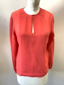 Womens, Blouse, TORY BURCH, Coral Pink, Polyester, Solid, 4, Scoop Neck, Key Hole Front, Pullover, Long Sleeves