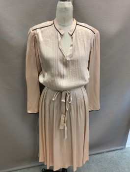 ALBERT NIPON, Champagne, Black, Polyester, Solid, L/S Dress, with Self Tie Belt.Contrast Piping @ shoulder, Neck & Cuffs. Pleats