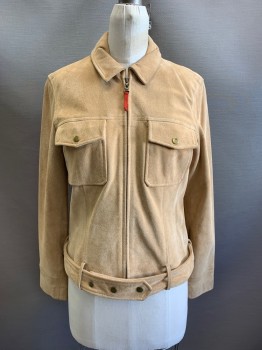 Mens, Leather Jacket, NL, Tan Brown, Suede, S, with Matching Belt. C.A., Zip Front, L/S, 2 Pockets