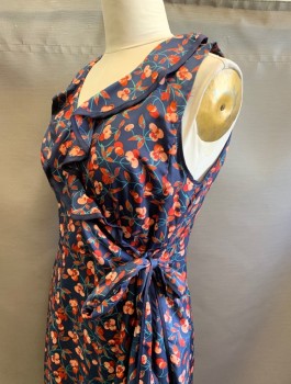 Womens, Dress, Sleeveless, HI THERE, Navy Blue, Peach Orange, Red, Turquoise Blue, Polyester, Leaves/Vines , Novelty Pattern, Sz.12, Cherries on Stems Pattern, Wrap Dress, Wrapped V-neck, Self Ruffle at Neckline, Self Ties at Waist, Knee Length, Invisible Zipper at Side
