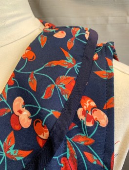 Womens, Dress, Sleeveless, HI THERE, Navy Blue, Peach Orange, Red, Turquoise Blue, Polyester, Leaves/Vines , Novelty Pattern, Sz.12, Cherries on Stems Pattern, Wrap Dress, Wrapped V-neck, Self Ruffle at Neckline, Self Ties at Waist, Knee Length, Invisible Zipper at Side