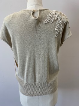 Womens, Sweater, MARIO, Oatmeal Brown, Ramie, Acrylic, Solid, B: 36, Cap Slv, Keyhole Nack At Back, Lacey Leaf Applique with Bugle Beads & Pearls, Pullover,
