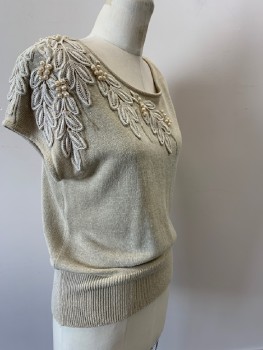 MARIO, Oatmeal Brown, Ramie, Acrylic, Solid, Cap Slv, Keyhole Nack At Back, Lacey Leaf Applique with Bugle Beads & Pearls, Pullover,