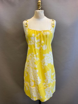 Womens, Dress, Wilfred, Yellow, Off White, Silk, Print, M, Buttoned Shoulder Straps, Tie at Back, 4 Gold Buttons