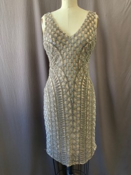 PARKER BLACK, Pewter Gray, Taupe, Silver, Rayon, Beaded, Grid , Silver Sequins and Pewter Beading on Netting, Grid Pattern on Top and Sides with Abstract Arcs, V-neck, Zip Back, Knee Length