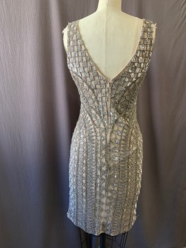 PARKER BLACK, Pewter Gray, Taupe, Silver, Rayon, Beaded, Grid , Silver Sequins and Pewter Beading on Netting, Grid Pattern on Top and Sides with Abstract Arcs, V-neck, Zip Back, Knee Length