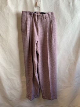 Mens, Slacks, SILVIAS, Dusty Pink, Black, Wool, Plaid, 32/35, Side Pockets, Zip Front, Pleated Front, Cuffed