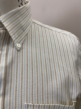 Mens, Shirt, SHIRT # ONE, Beige, Lt Blue, Brown, Poly/Cotton, Stripes - Pin, 32/33, 15.5, Btn Down Collar, Button Front, L/S, 1 Pocket