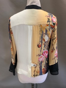 Womens, Blouse, CITRON, Black, Sand, Pink, Orange, Red, Silk, Floral, M, Waffle Texture Knit; Vertical Ombre Pattern, Mandarin Collar, B.F., Inverted CB Pleat W/Tab & Btn Near Pleat Btm, L/S W/Solid Black Crepe Double-Layered Cuffs