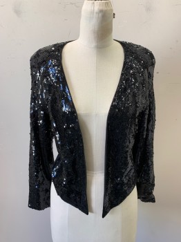 Womens, Evening Jacket, CHLOE, Black, Sequins, Cotton, Solid, B40, Open Front, Long Sleeves, Shoulder Pads, Tie Back
