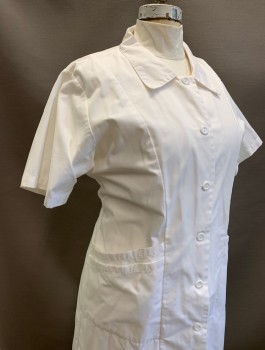 Womens, Nurses Dress, LANDAU, White, Poly/Cotton, Solid, B:42, XL, Short Sleeves, Button Front, Collar Attached, 3 Diagonal Pockets/Compartments at Hips, Knee Length