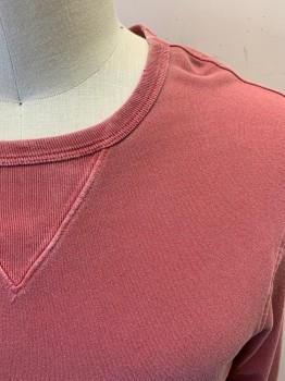 Mens, Pullover Sweater, J CREW, Dusty Red, Cotton, Solid, Faded, L, Long Sleeves, Crew Neck, Oversized, Ribbed Neck Cuffs Waistband