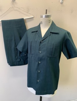 Mens, 1970s Vintage, P1, N/L, Dk Teal, Polyester, Solid, 38, Short Sleeve Shirt, Button Front, Collar Attached, 2 Patch Pockets with Pleat Detail,