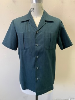 Mens, 1970s Vintage, P1, N/L, Dk Teal, Polyester, Solid, 38, Short Sleeve Shirt, Button Front, Collar Attached, 2 Patch Pockets with Pleat Detail,