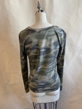 Womens, Top, AQUA, Olive Green, Dk Olive Grn, Charcoal Gray, Polyester, Rayon, Camouflage, XS, CN, L/S, Knotted at Waist