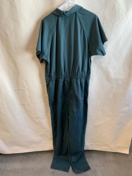 Mens, Coveralls Men, BOB BARKER, Forest Green, Cotton, Polyester, Solid, L, C.A., Zip Front, S/S, 1 Pocket, Snap Front, Elastic Waist *Slightly Worn*