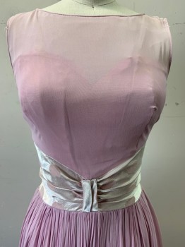 Womens, Evening Gown, Young Modes, Bubble Gum Pink, Ballet Pink, Polyester, Solid, Polka Dots, W24, B32, Sleeveless, Sheer Illusion Neckline, Polka-dot Waist Band, Pleated, Back Zipper,