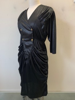 Patricia, Black, Polyester, Reptile/Snakeskin, L/S, V Neck, Double Breasted, Side Drapes, Elastic Waist Band, Pleated Shoulders