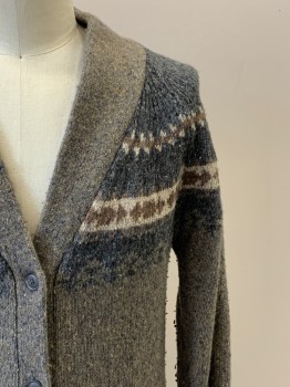 Womens, Sweater, PENDLETON, Tan Brown, Charcoal Gray, Beige, Brown, Wool, Fair Isle, L, Multicolor Weave, L/S, Shawl Collar, Button Front, Top Pockets,