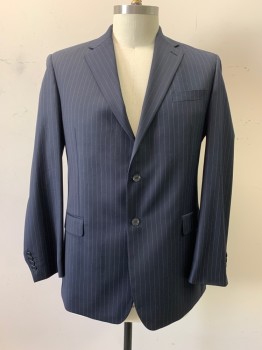 Mens, Suit, Jacket, BERWIN & BERWIN, Black, White, Wool, Stripes - Pin, 44 L, Notched Lapel, 3 Pockets, 2 Buttons, Red Lining