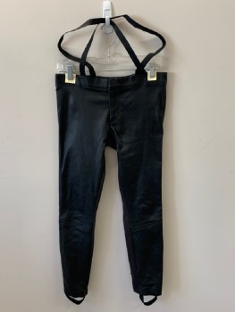 Womens, Sci-Fi/Fantasy Piece 3, MTO, Black, Faux Leather, Synthetic, Solid, W:30, S, H:34, Pants, Zip Front, Elastic Suspenders, Low Waist, Seams @ Knees, Stirrups, Panel Insert @ Back Waist Down Inseam