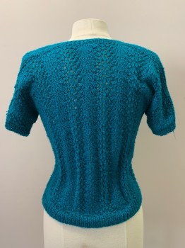NO LABEL, Turquoise Blue, Acrylic, Solid, S/S, Crew Neck, Crochet/Knit