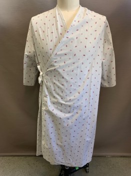 Unisex, Patient Robe, FASHION SEAL, Lt Gray, Maroon Red, White, Cotton, Polyester, Stripes, Geometric, O/S, White and Light Gray Stripes with Maroon Geometric Shapes, V-neck, White Tie Closure, Short Sleeves