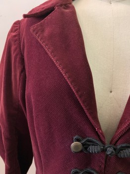Womens, Historical Fiction Jacket, N/L, Red Burgundy, Cotton, Solid, W28, B34, Corduroy, Buttons with Frogs CF & Sleeves, Hand Picked Collar/Lapel, Fiddle Back