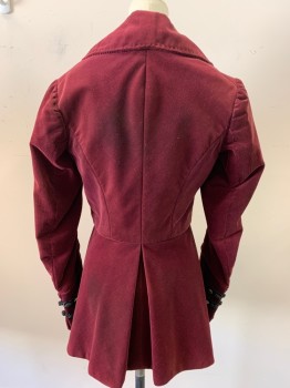 Womens, Historical Fiction Jacket, N/L, Red Burgundy, Cotton, Solid, W28, B34, Corduroy, Buttons with Frogs CF & Sleeves, Hand Picked Collar/Lapel, Fiddle Back