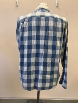 Mens, Casual Shirt, FAHERTY, Blue, White, Cotton, Check , XL, C.A., B.F., L/S, 2 Flap Pckt, Soft Chambray Lining, 2 Pleats From Back Yoke